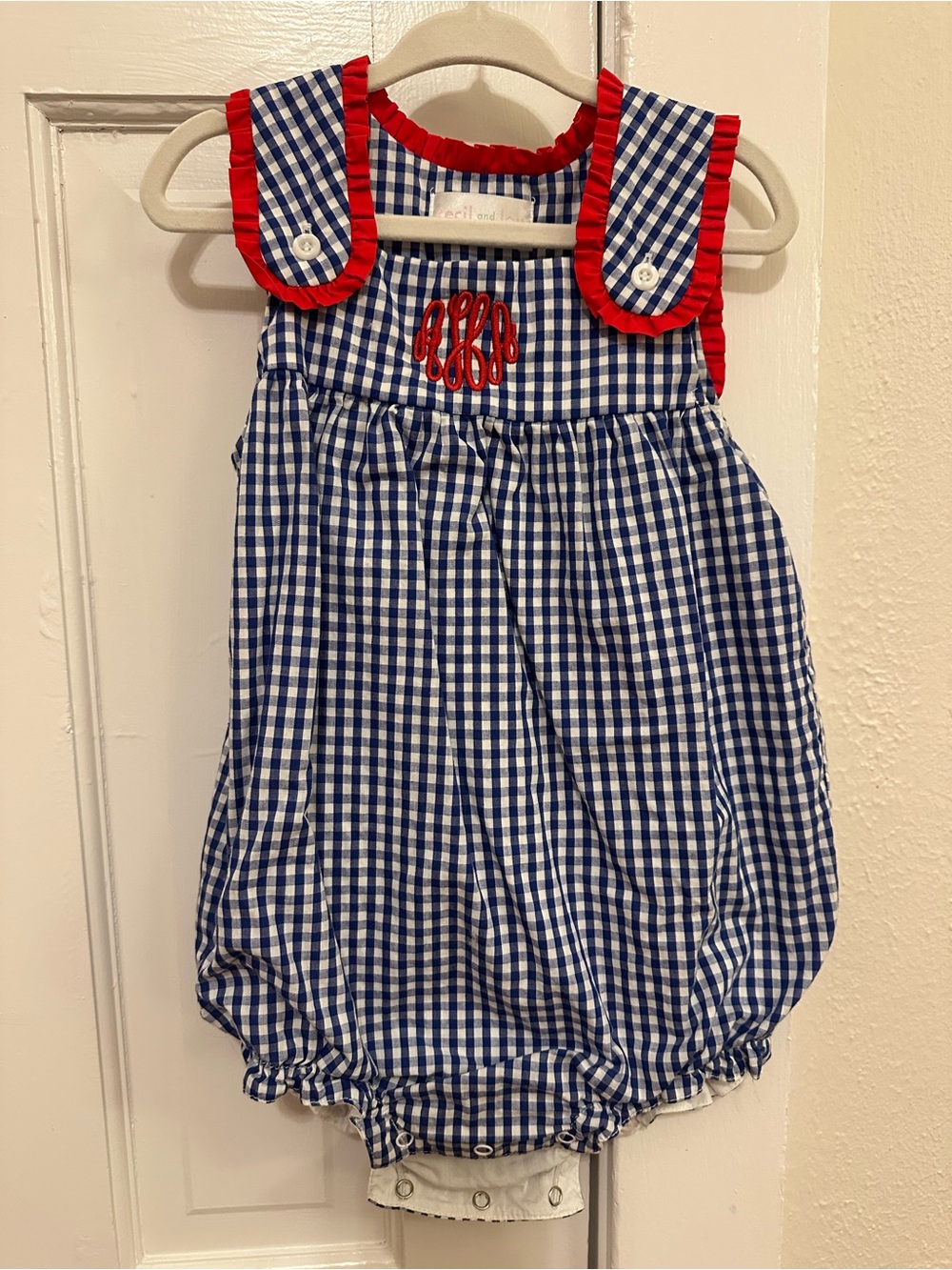 Blue Gingham Bubble w/ Red Ruffle Trim (3T) - Cecil & Lou